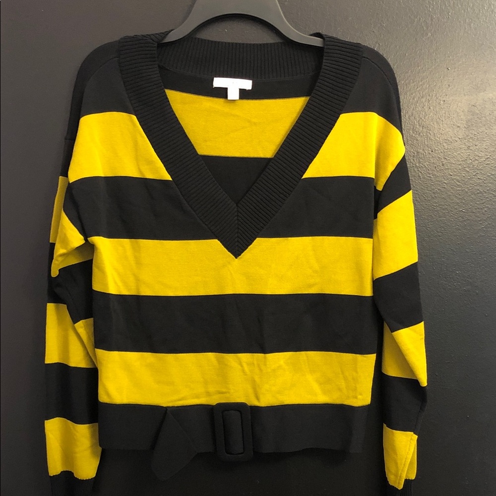 NY&C Black & Yellow Striped V-Neck Sweater with Belt